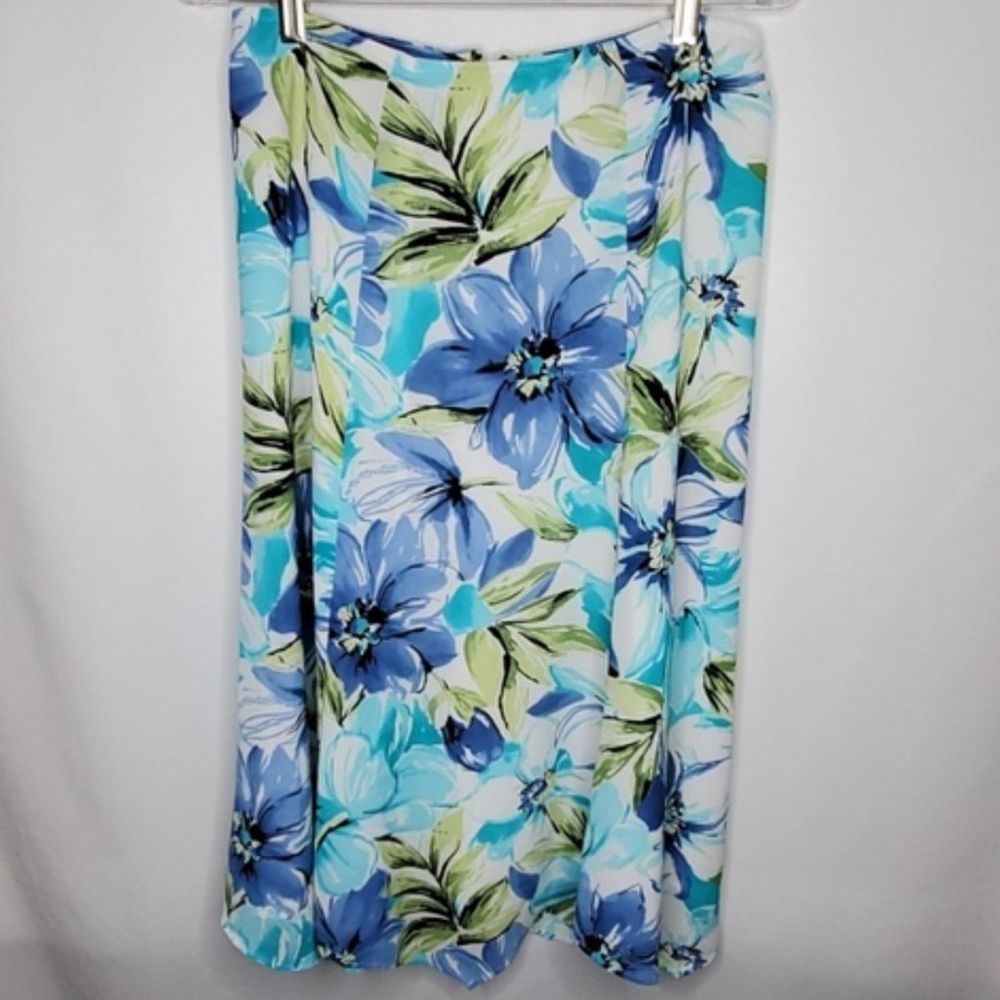 Emma James Floral Print A-Line Midi Skirt Blue Green 8